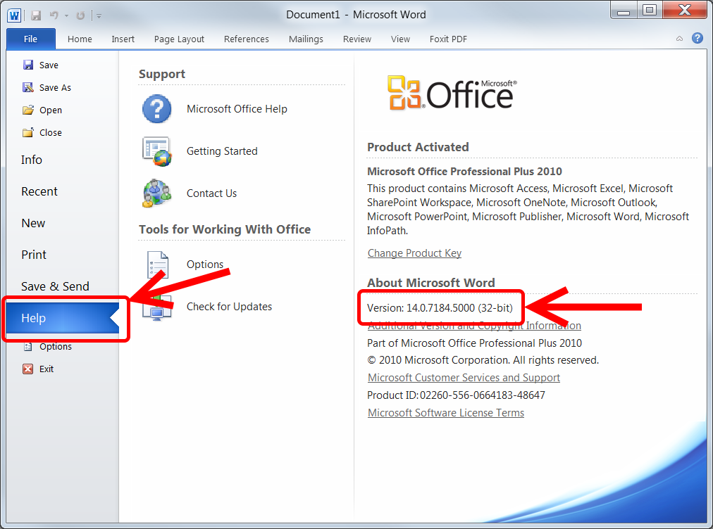 MS Office 2010 license screen