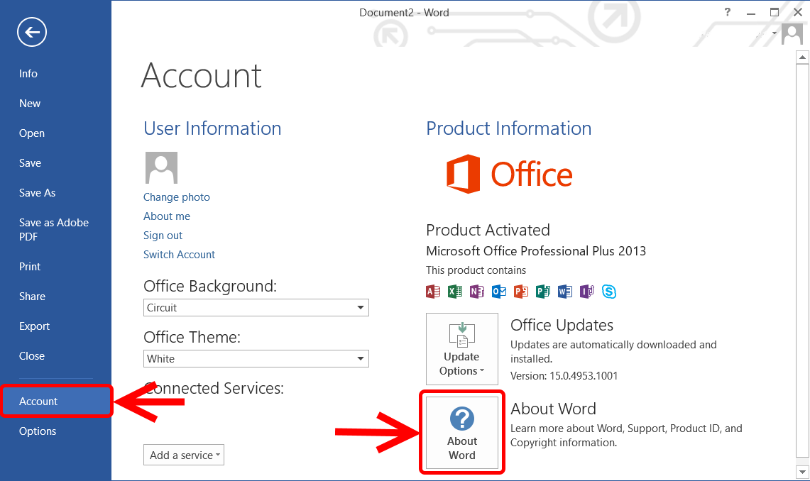 MS Office 2013 account screen