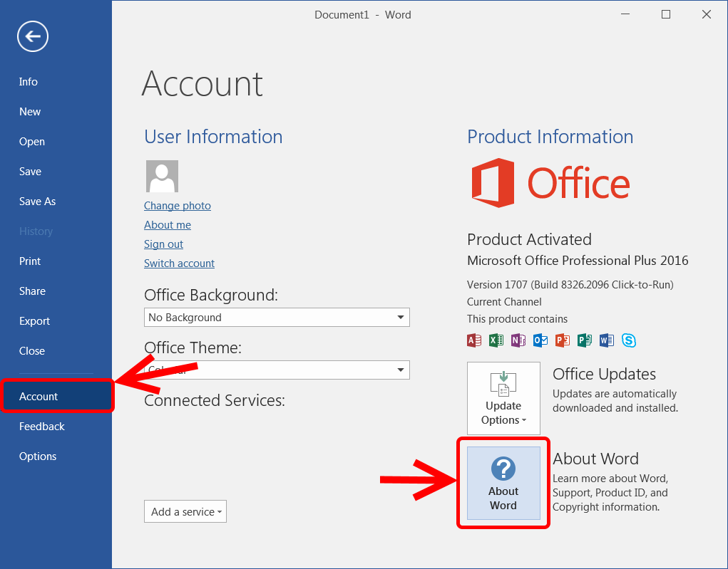 MS Office 2016 account screen