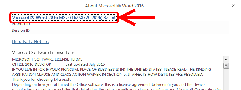 MS Office 2016 license screen