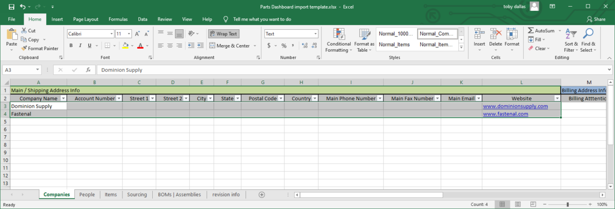 Companies import template with data selected