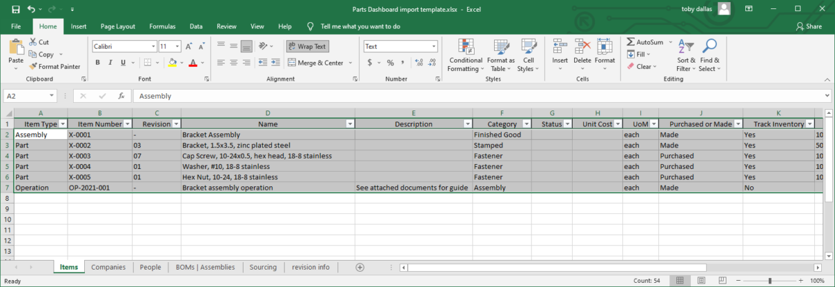 Import items spreadsheet template